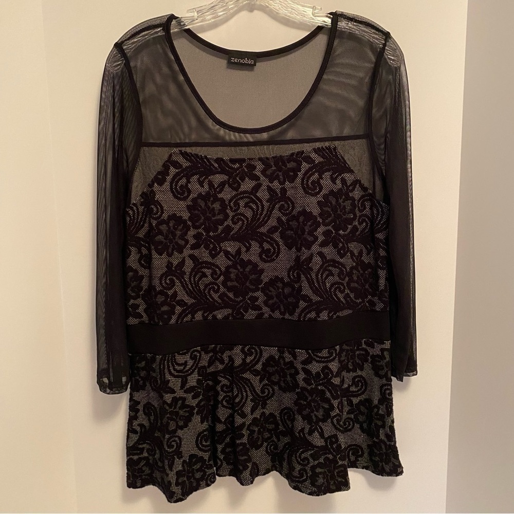 Zenobia Womens Sheer Mesh Inset Peplum Hem Long Sleeve Knit Top Size XL